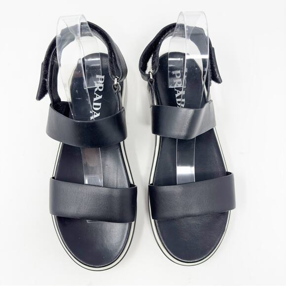 Prada Logo Embossed Rubber Trimmed Leather Sandals in Black - Picture 5 of 15